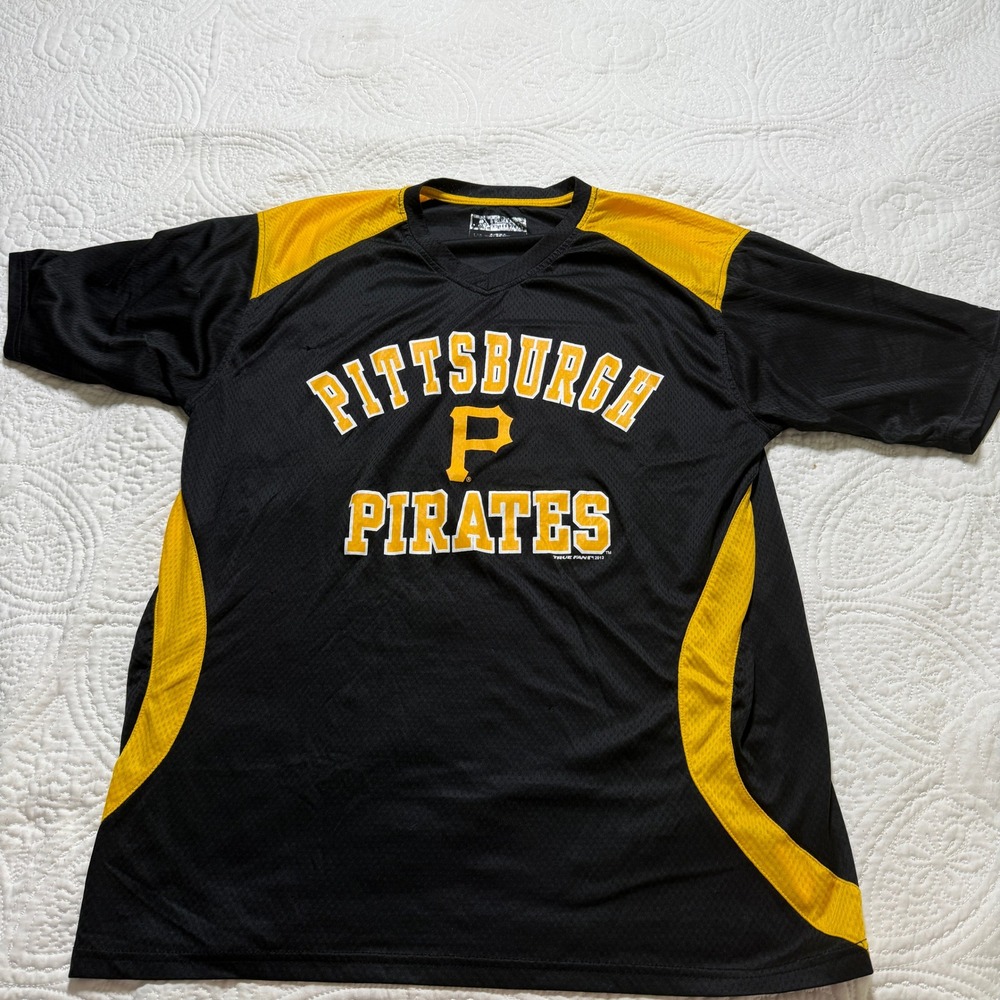 True Fan‎ Pittsburgh Pirates MLB Jersey Mens Large Black Gold Mesh V-Neck Shirt